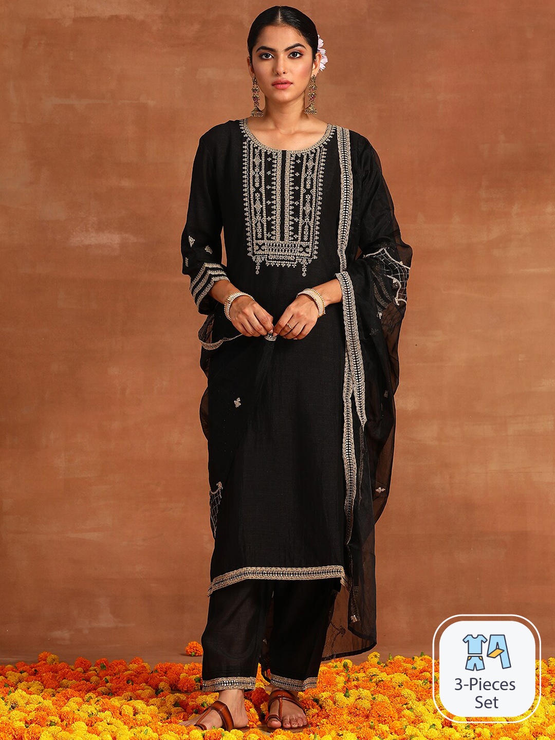 

Indo Era Black Ethnic Motifs Embroidered Kurta With Trousers & Dupatta