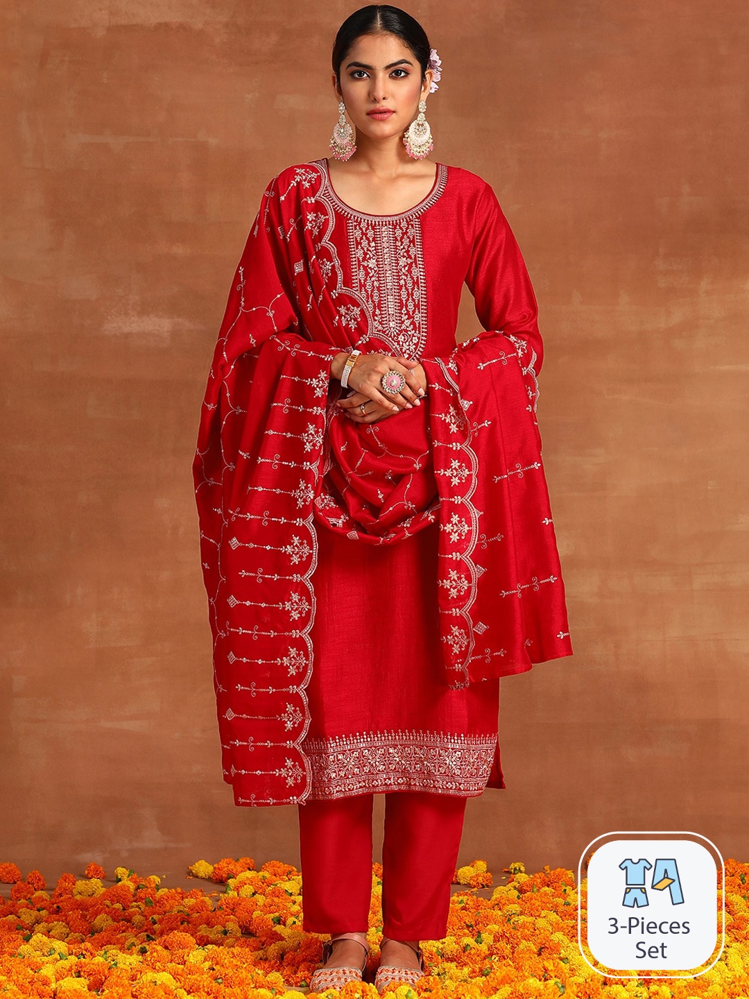 

Indo Era Pink Ethnic Motifs Sequinned Kurta With Trousers & Dupatta