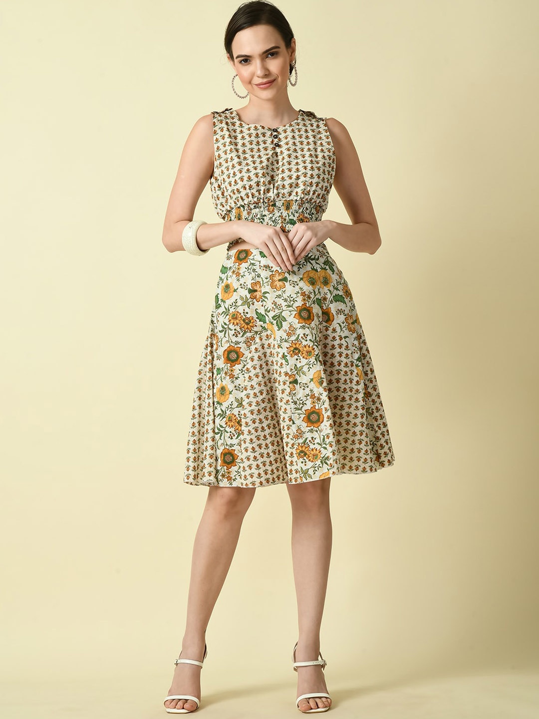 

Myshka Floral Printed Pure Cotton Flared Knee-Length Skirt, White
