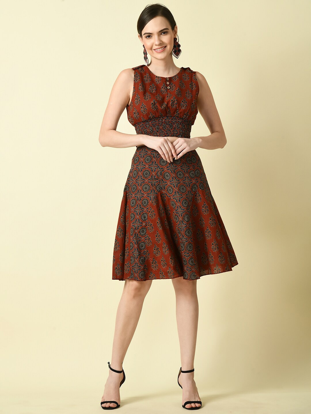 

Myshka Floral Printed Pure Cotton A-Line Flared Skirts, Rust