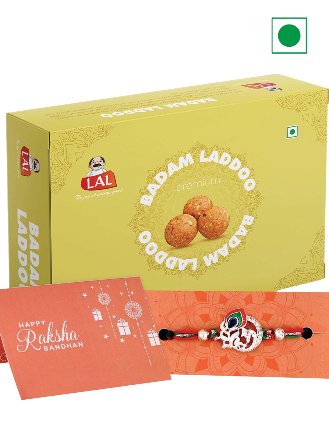 

LAL Badam Laddoo & Voylla Colorful Mor Pankh Thread Rakhi, Multi