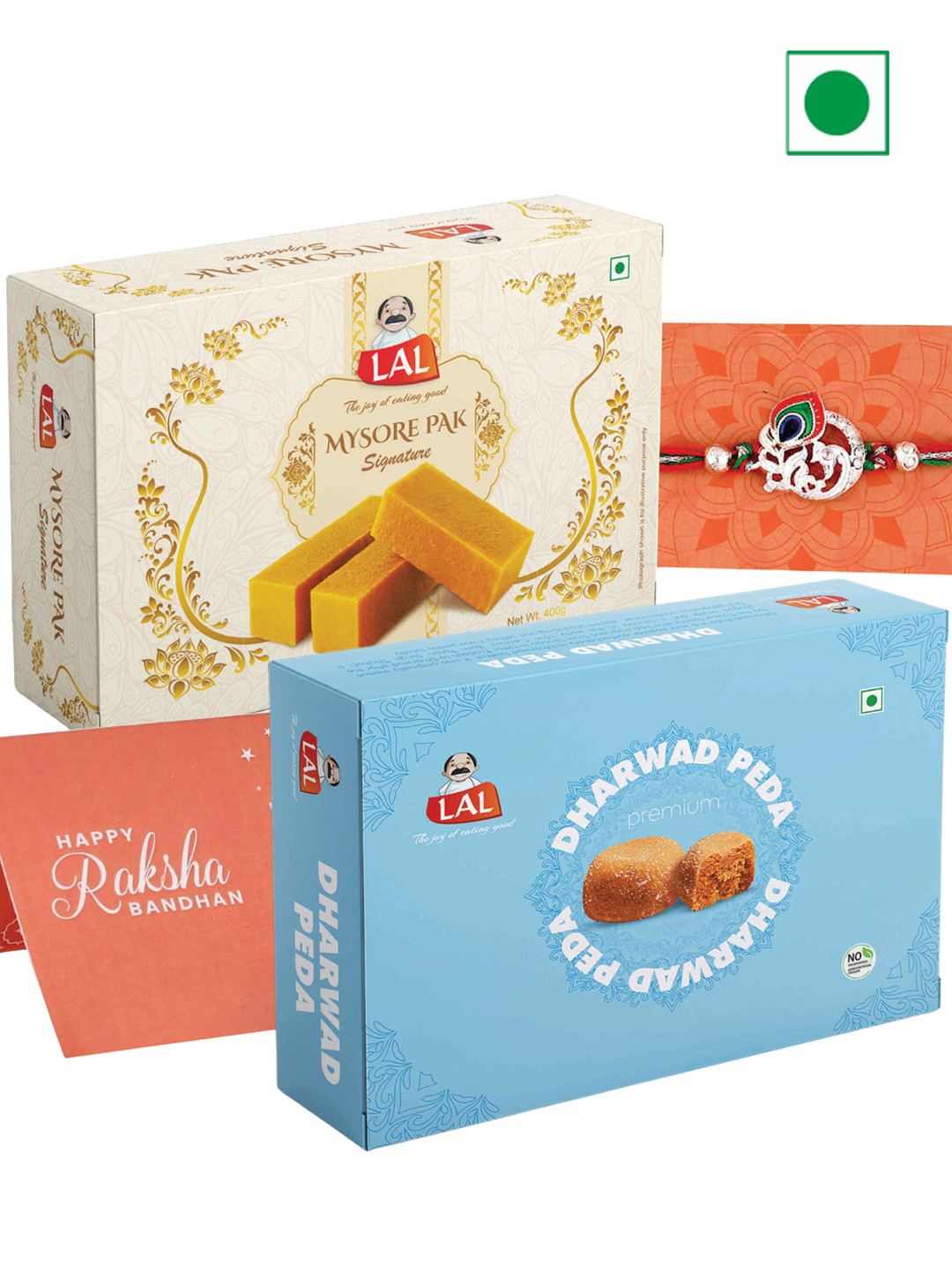 

LAL Mor Pankh Charm Thread Rakhi & Mysore Pak Signature & Dharwad Peda-400g Each, Silver