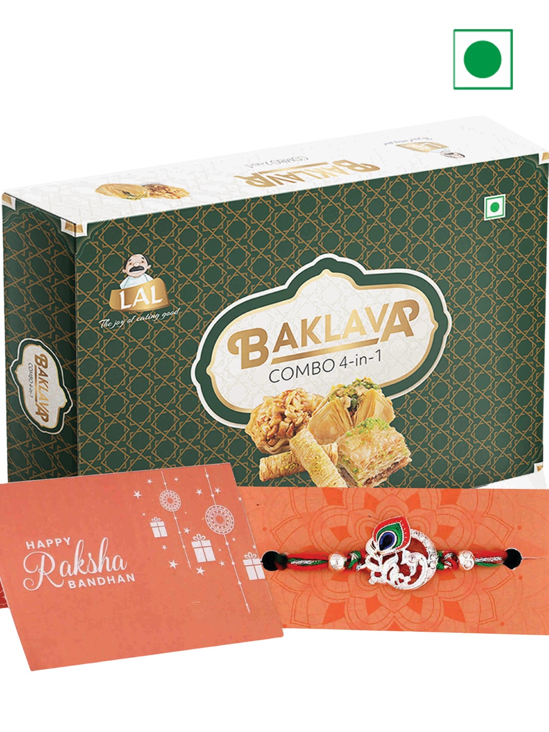 

LAL Baklava With Colorful Mor Pankh Thread Rakhi, Gold