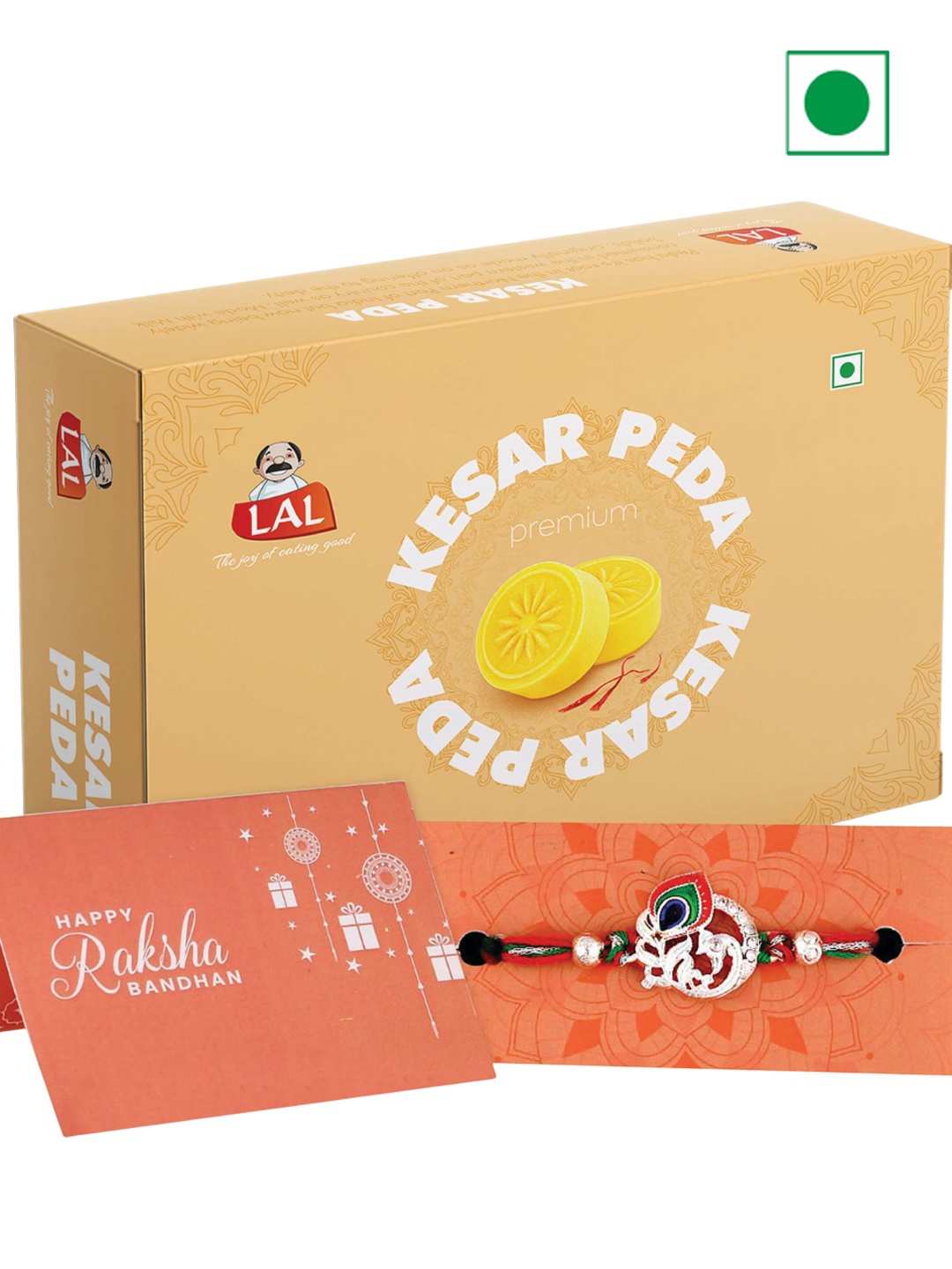 

LAL Mor Pankh Charm Thread Rakhi & Kesar Peda-400g, Silver