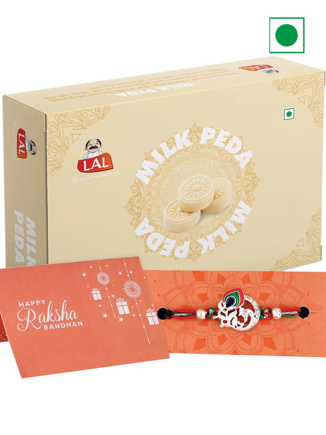 

LAL Milk Peda 400g & Voylla Colorful Mor Pankh Thread Rakhi, Multi