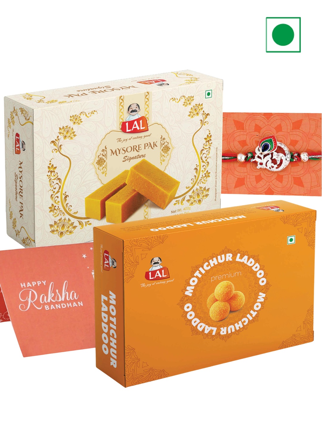 

LAL Mor Pankh Charm Thread Rakhi & Mysore Pak Signature & Motichur Laddoo-400g Each, Silver