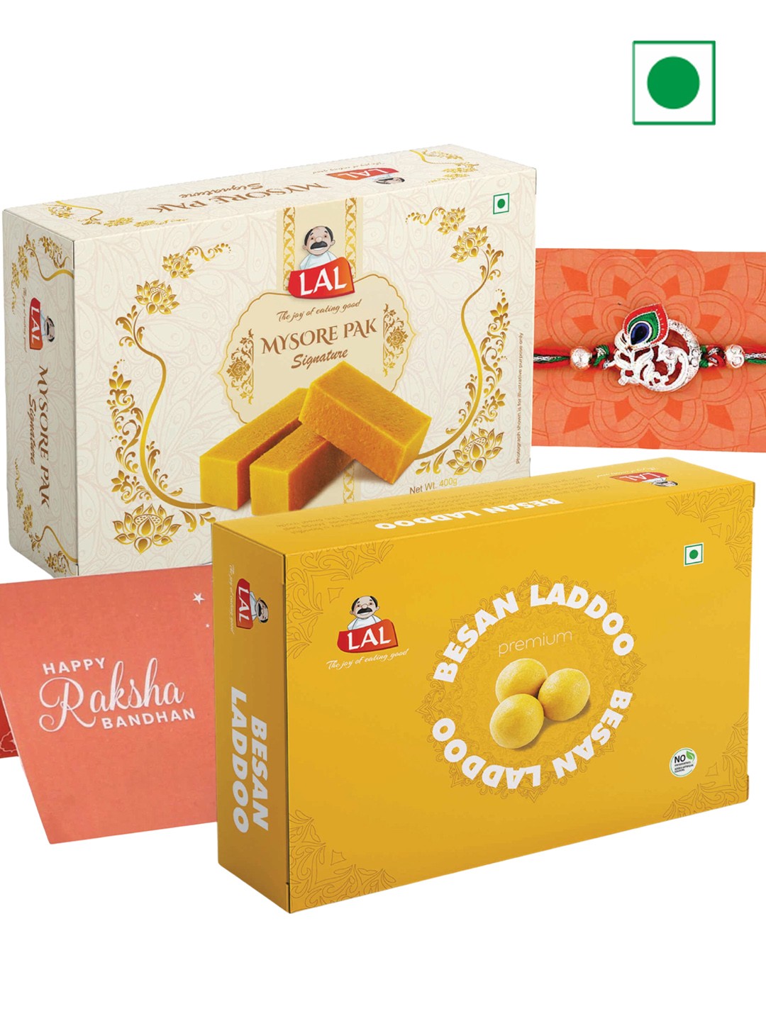 

LAL Mysore Pak With Besan Laddoo & Voylla Colorful Mor Pankh Thread Rakhi, Multi