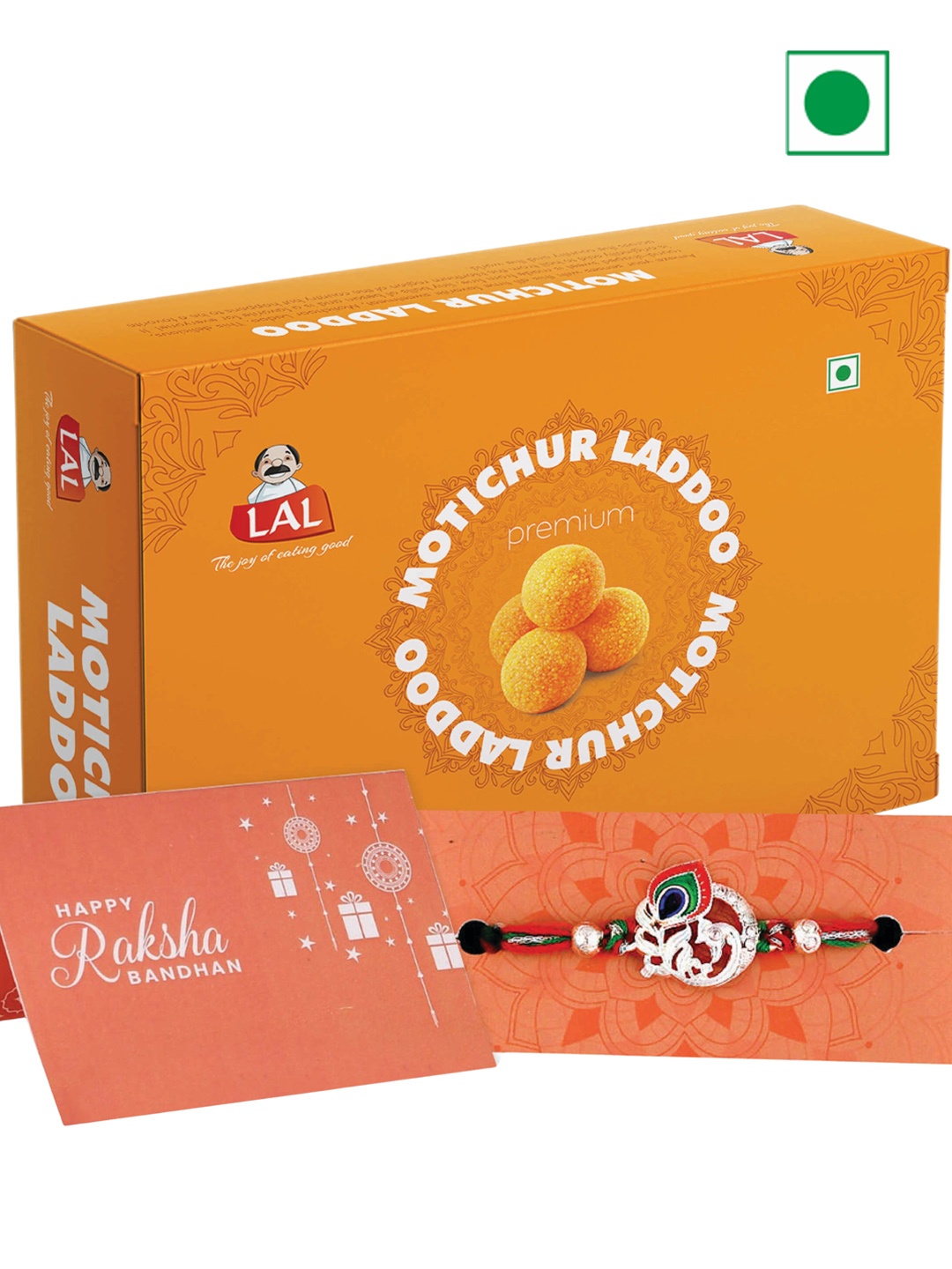 

LAL Mor Pankh Charm Thread Rakhi & Motichur Laddoo-400g Each, Silver