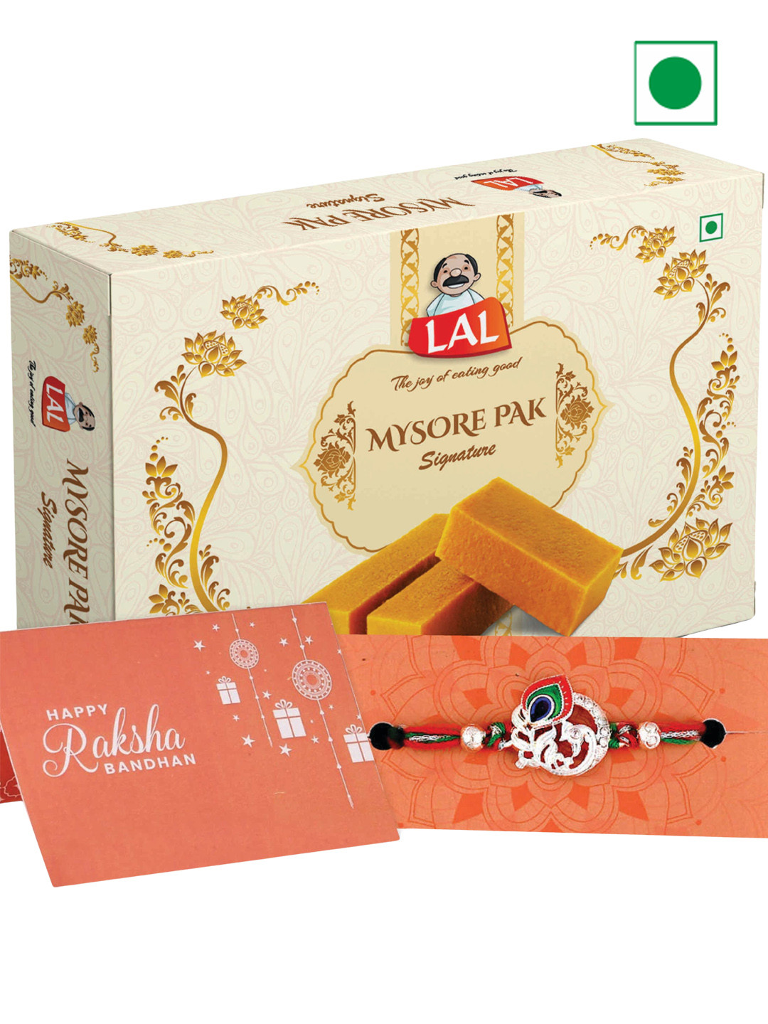 

LAL Mor Pankh Charm Thread Rakhi & Mysore Pak Signature -400g, Silver