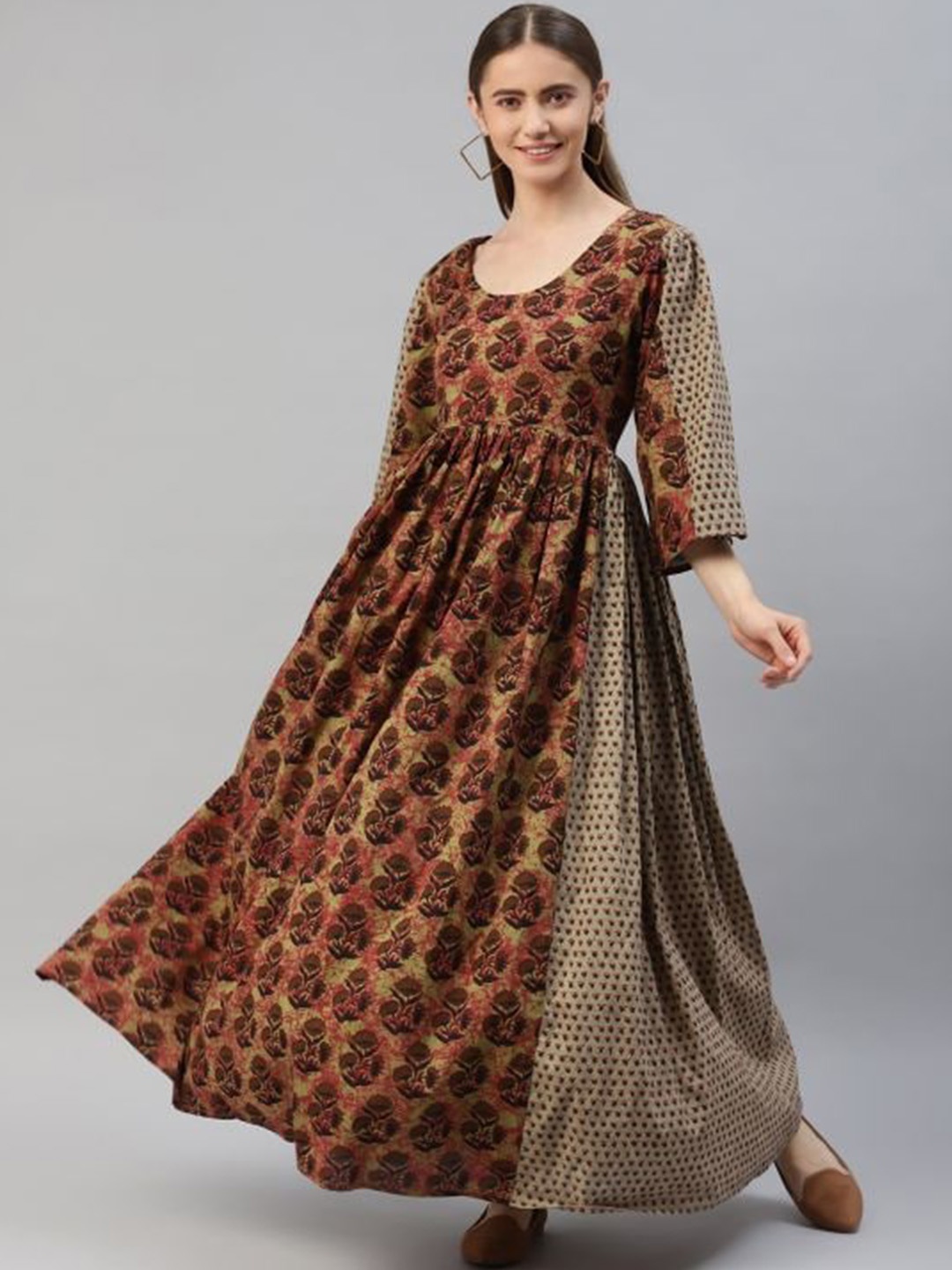 

KALINI Floral Printed Pleated Maxi Ethnic Dresses, Brown