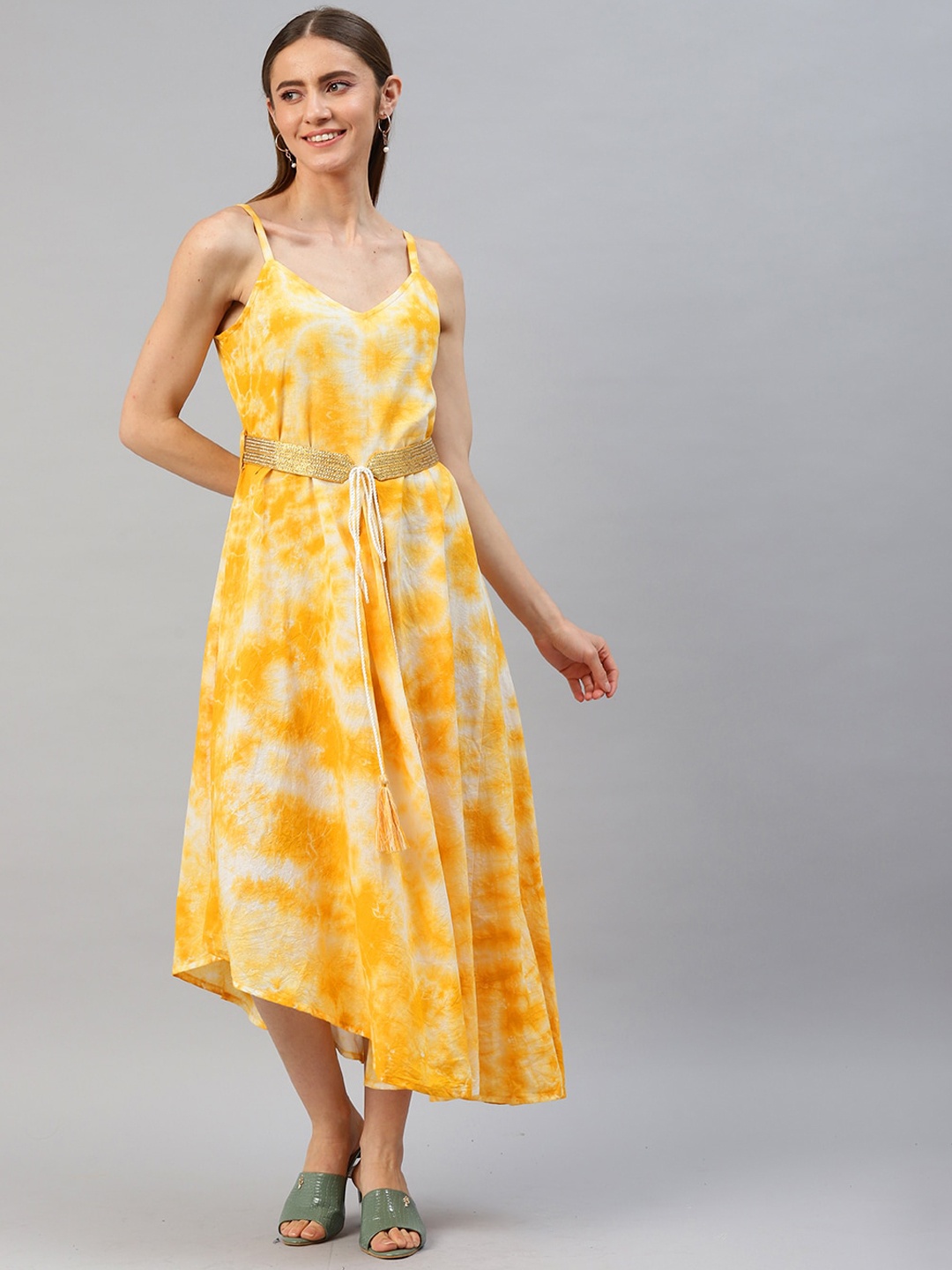 

KALINI Tie and Dye Shoulder Straps Cotton A-Line Dresses, Yellow