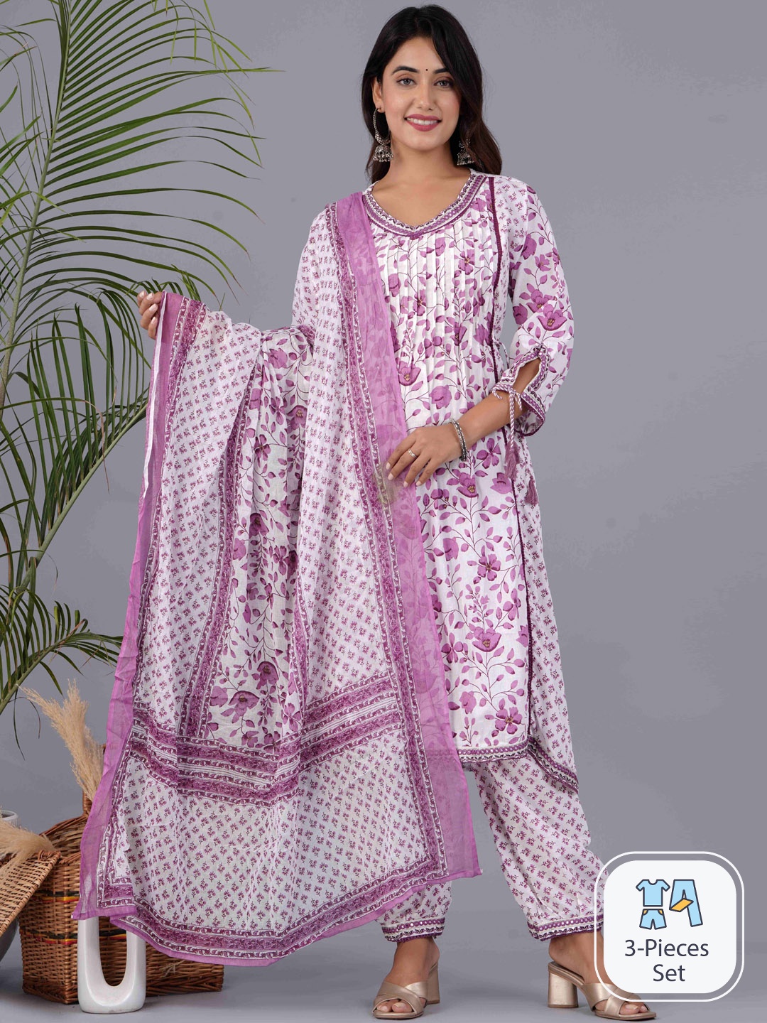 

PARCHHAI Floral Printed Mirror Work Pure Cotton A-Line Kurta With Trousers & Dupatta, Purple