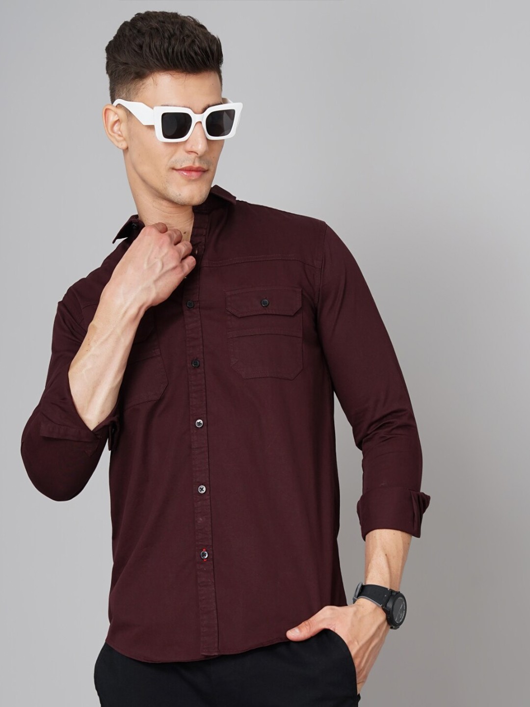 

PAUL STREET Standard Slim Fit Spread Collar Cotton Casual Shirt, Maroon