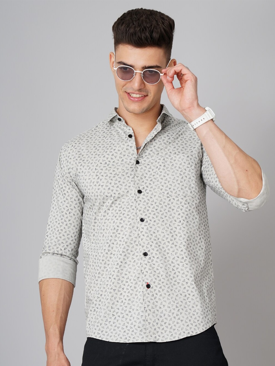 

PAUL STREET Geometric Printed Standard Slim Fit Cotton Opaque Casual Shirt, Grey