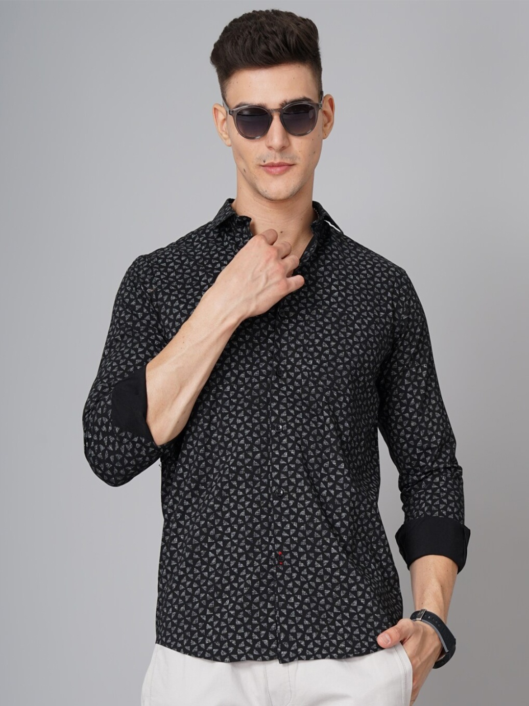 

PAUL STREET Geometric Printed Standard Slim Fit Opaque Cotton Casual Shirt, Black