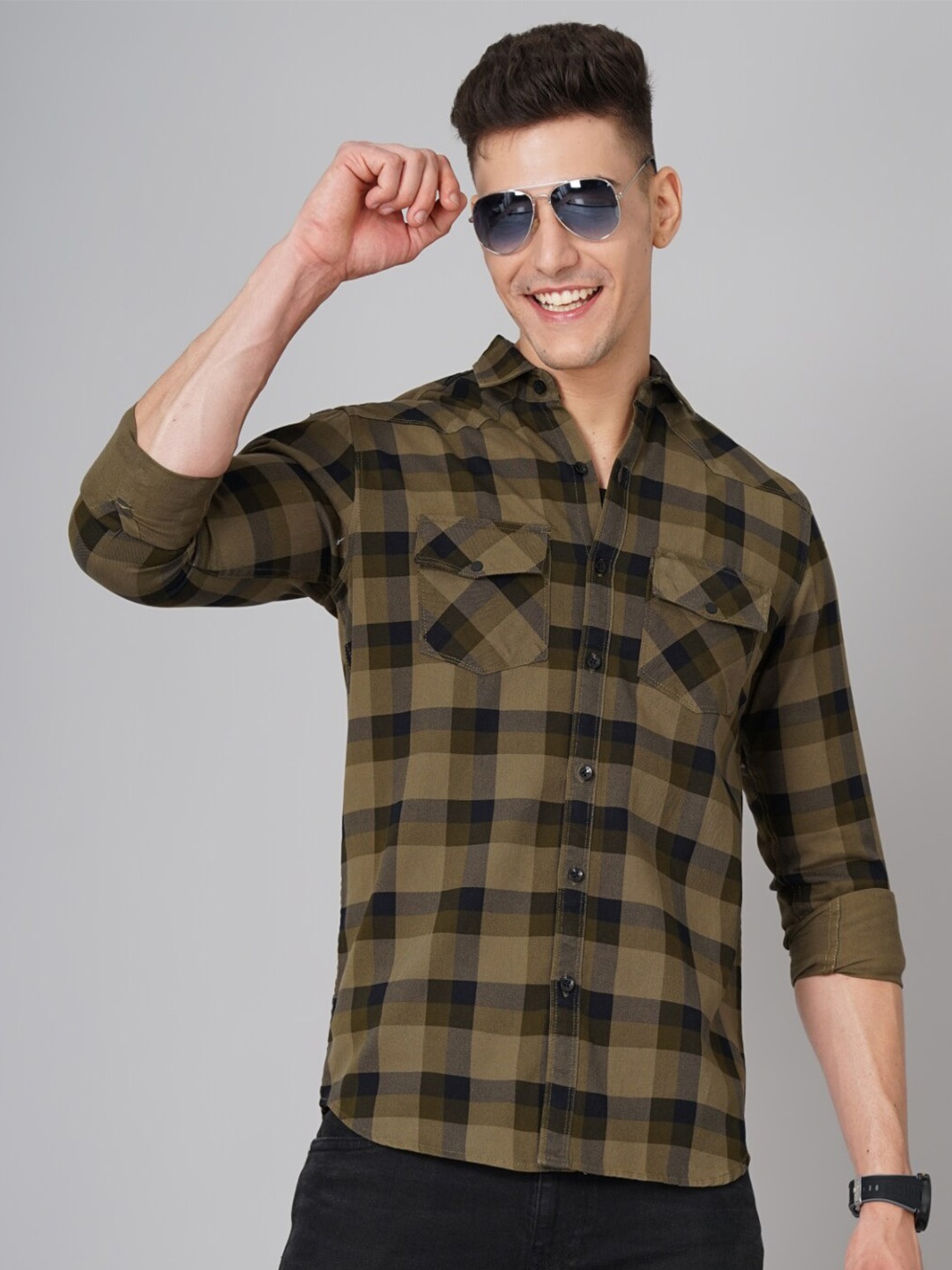 

PAUL STREET Standard Slim Fit Buffalo Checks Checked Cotton Casual Shirt, Olive