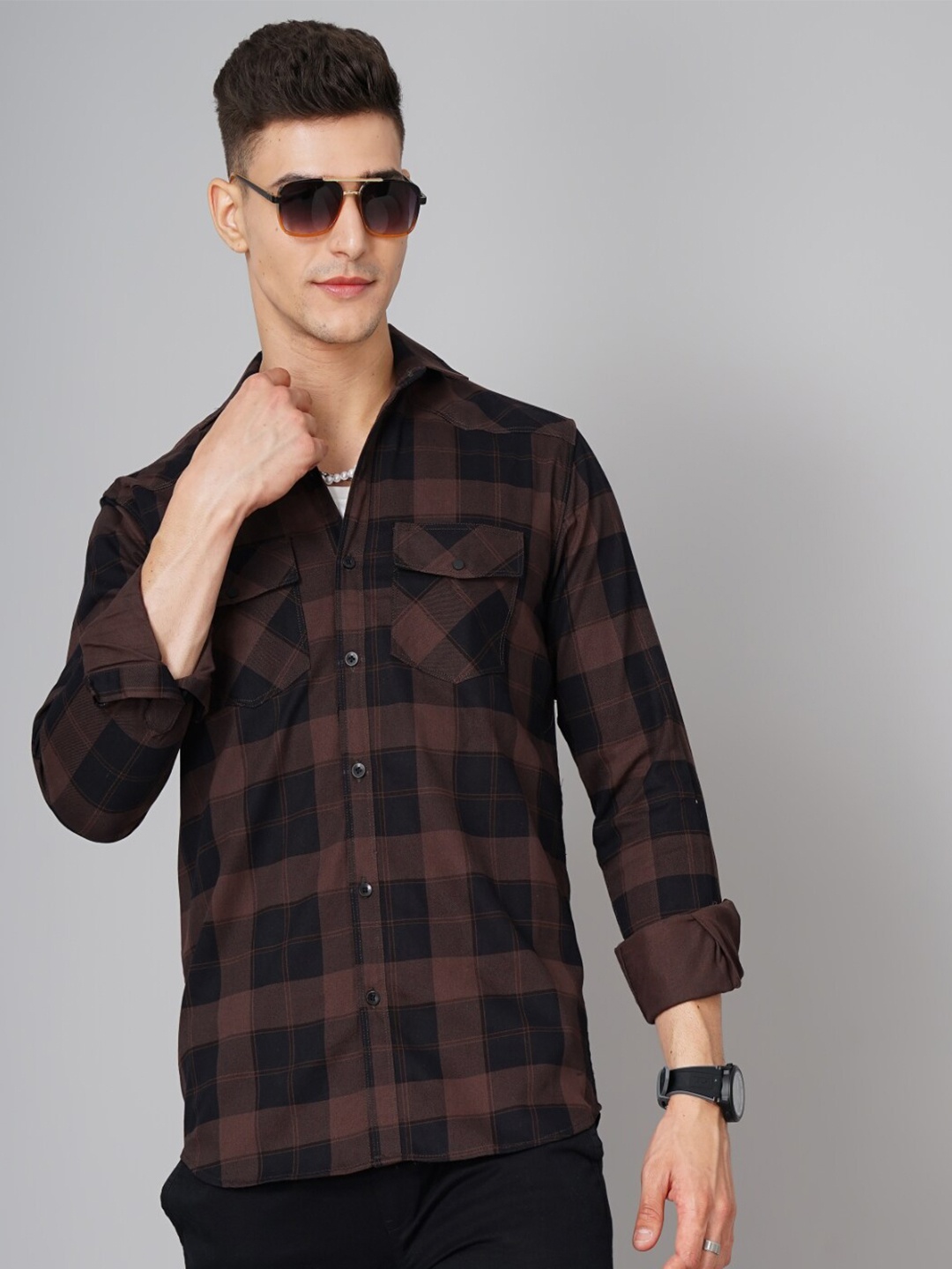

PAUL STREET Buffalo Checked Standard Slim Fit Opaque Cotton Casual Shirt, Brown
