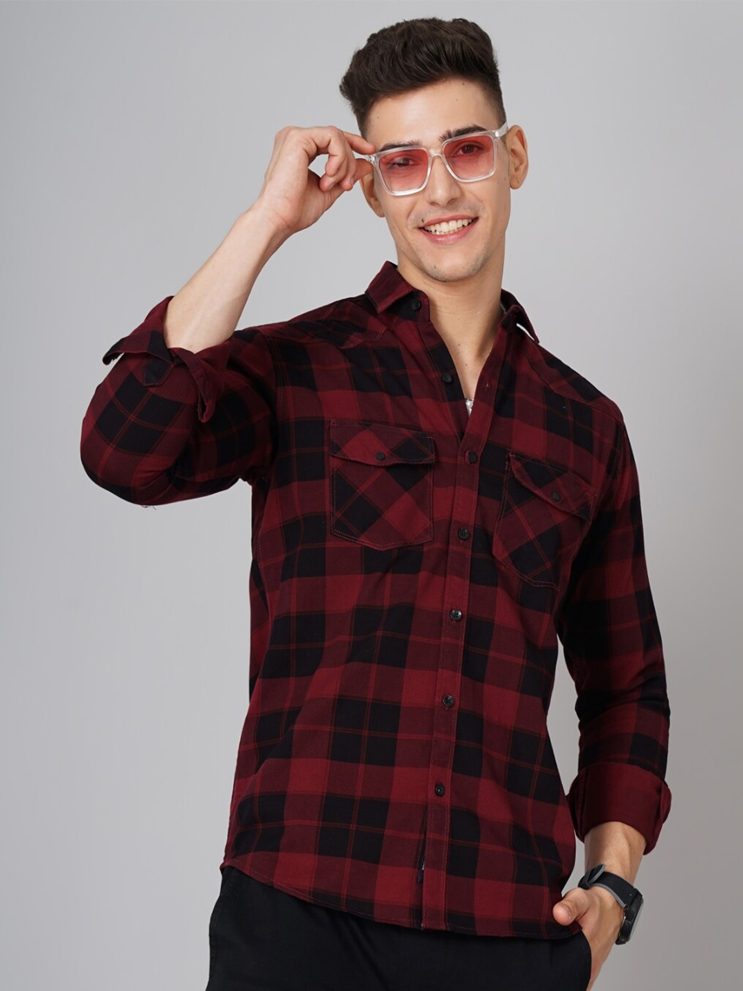 

PAUL STREET Standard Slim Fit buffalo Checked Casual Shirt, Red