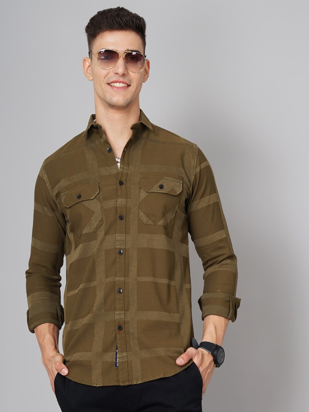 

PAUL STREET Windowpane Checked Standard Slim Fit Opaque Cotton Casual Shirt, Olive
