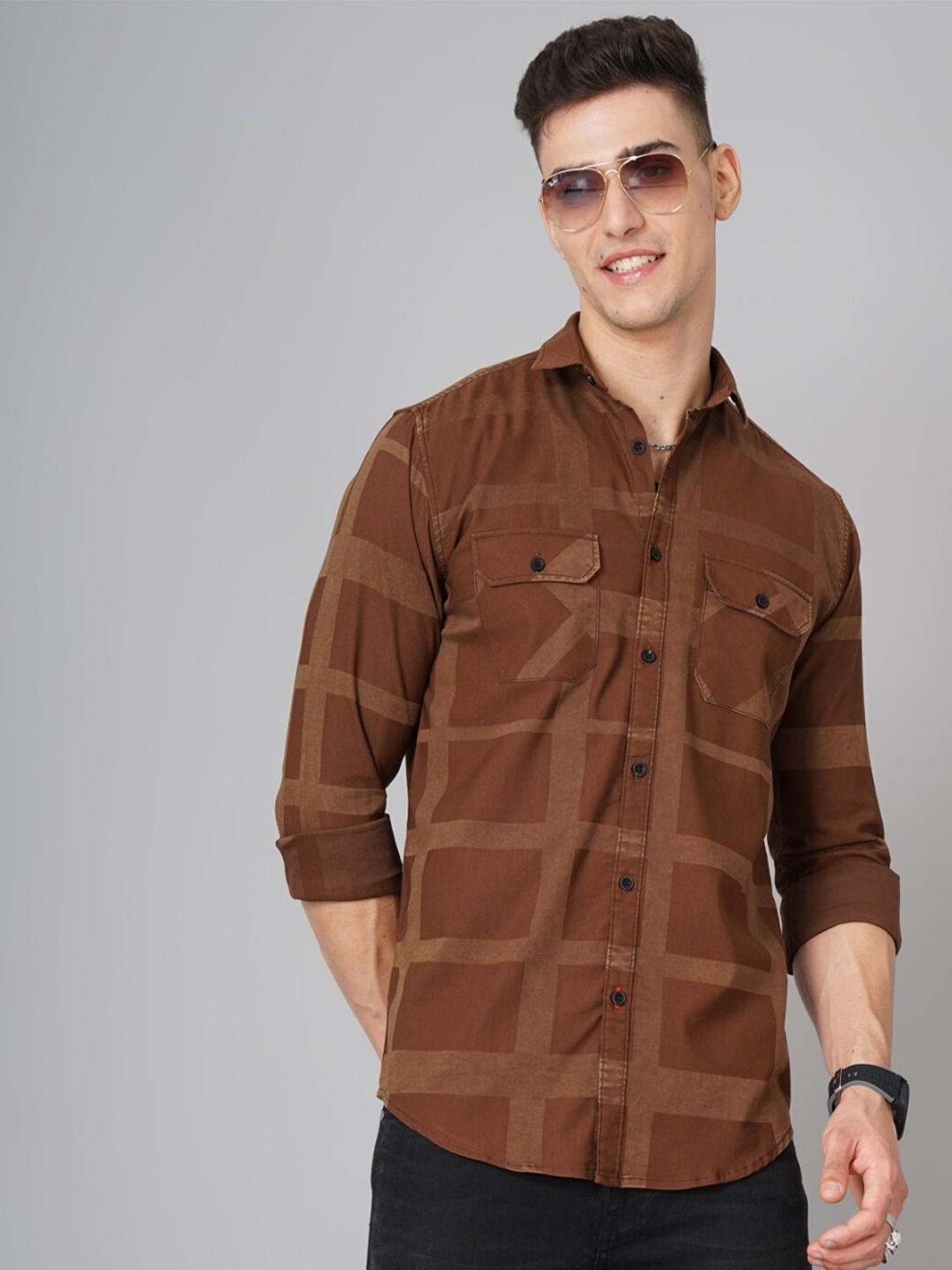 

PAUL STREET Checked Standard Opaque Slim Fit Casual Shirt, Brown