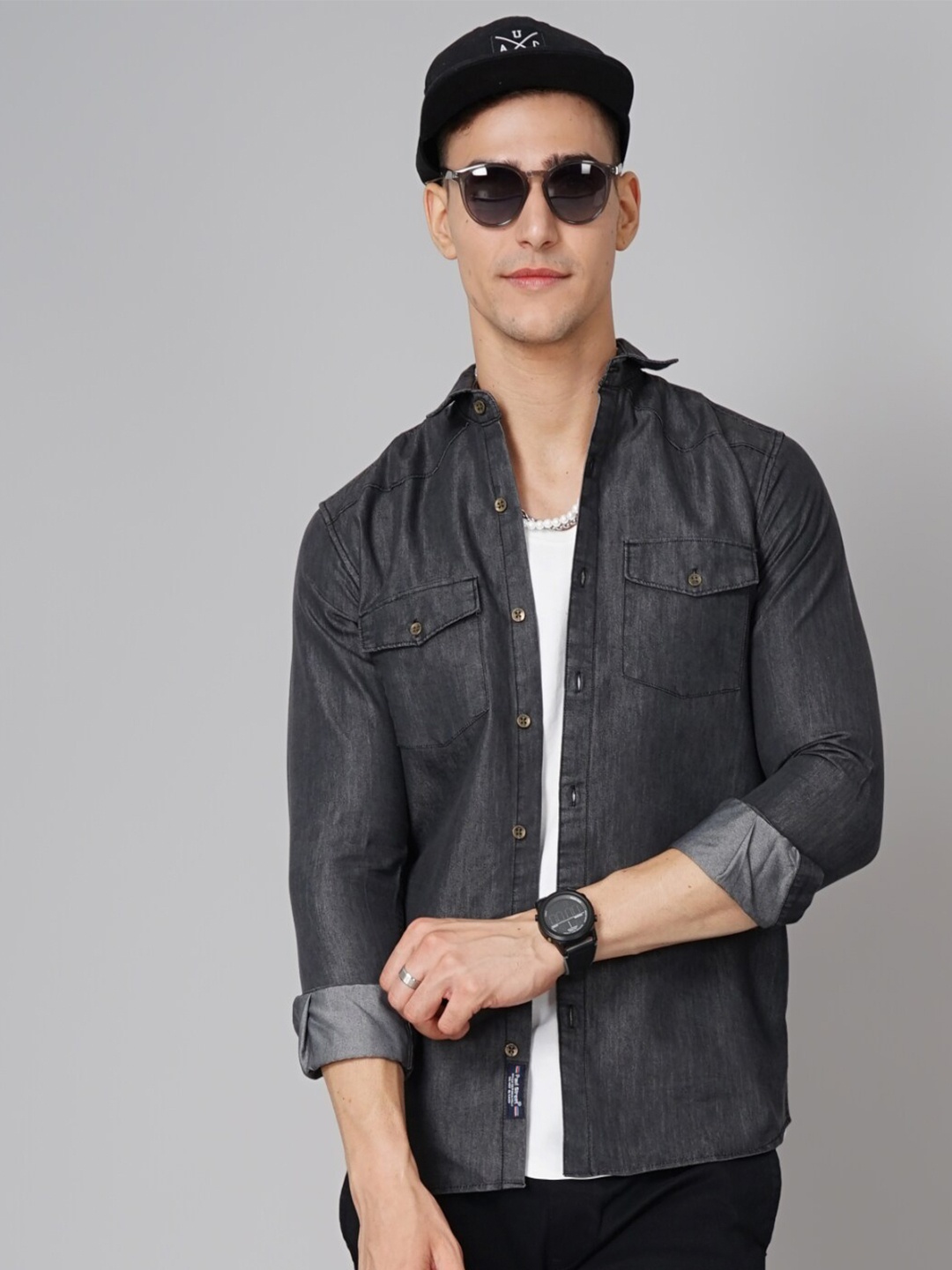 

PAUL STREET Standard Slim Fit Opaque Denim Casual Shirt, Black