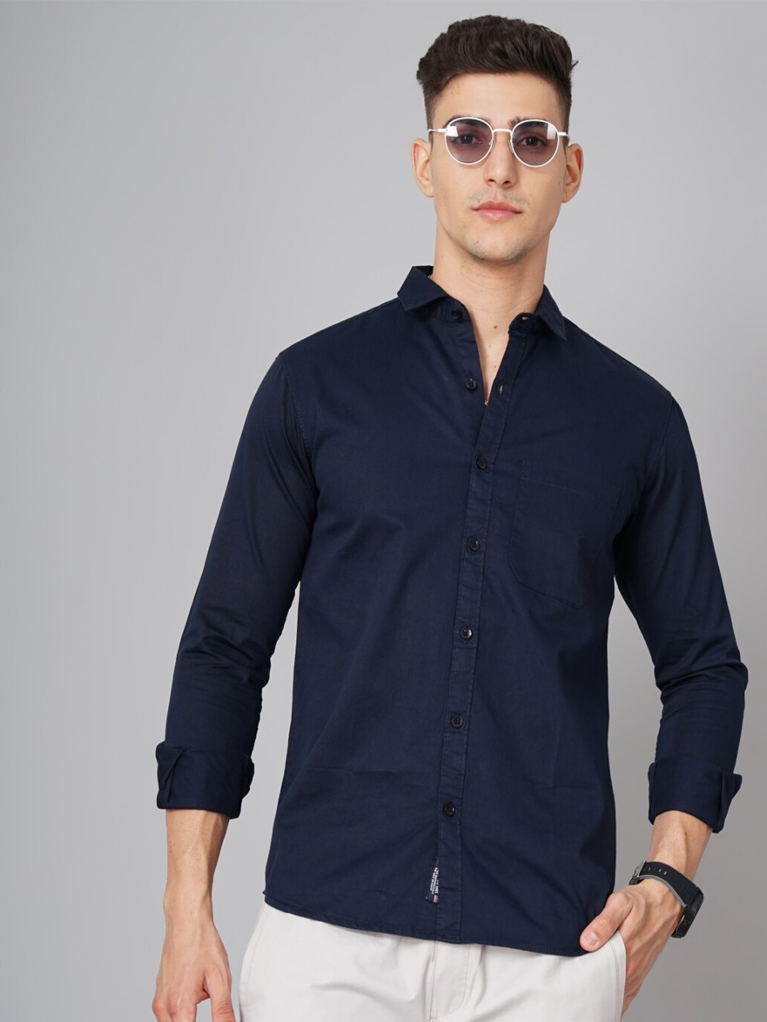 

PAUL STREET Standard Slim Fit Opaque Cotton Casual Shirt, Navy blue