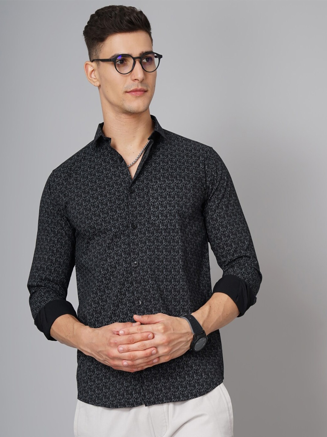 

PAUL STREET Standard Slim Fit Geometric Printed Casual Shirt, Black