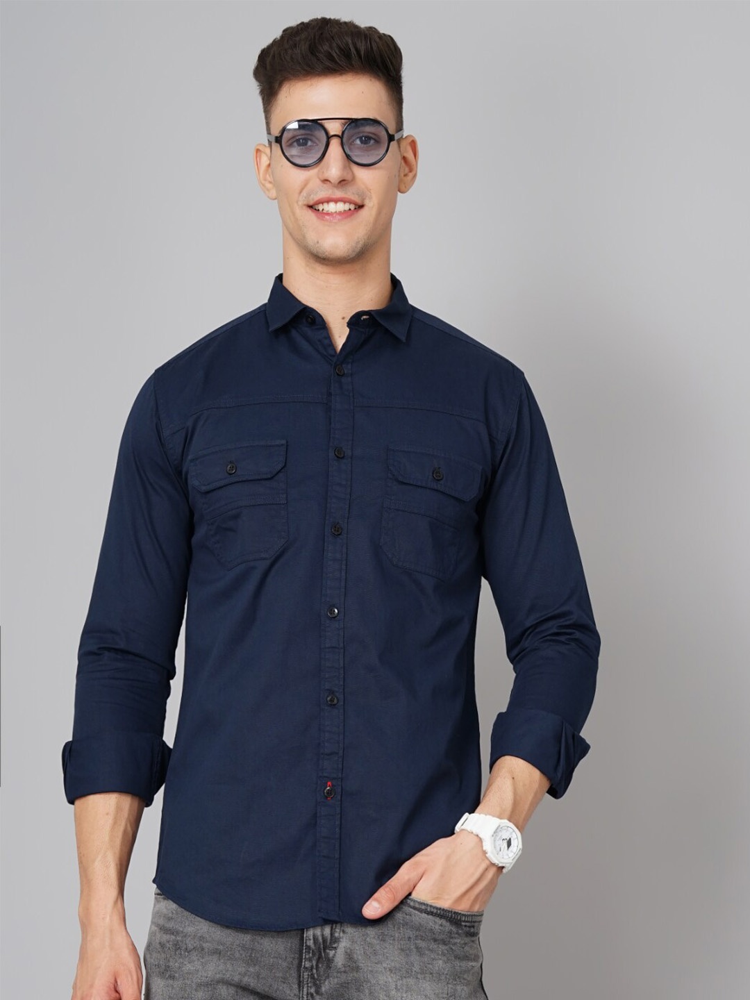 

PAUL STREET Standard Slim Fit Opaque Cotton Casual Shirt, Navy blue