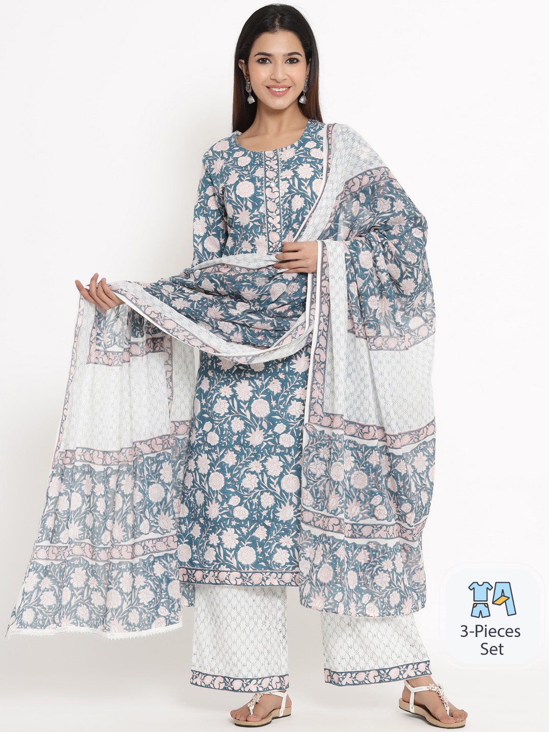 

KALINI Floral Printed Kurta & Palazzos With Dupatta, Blue