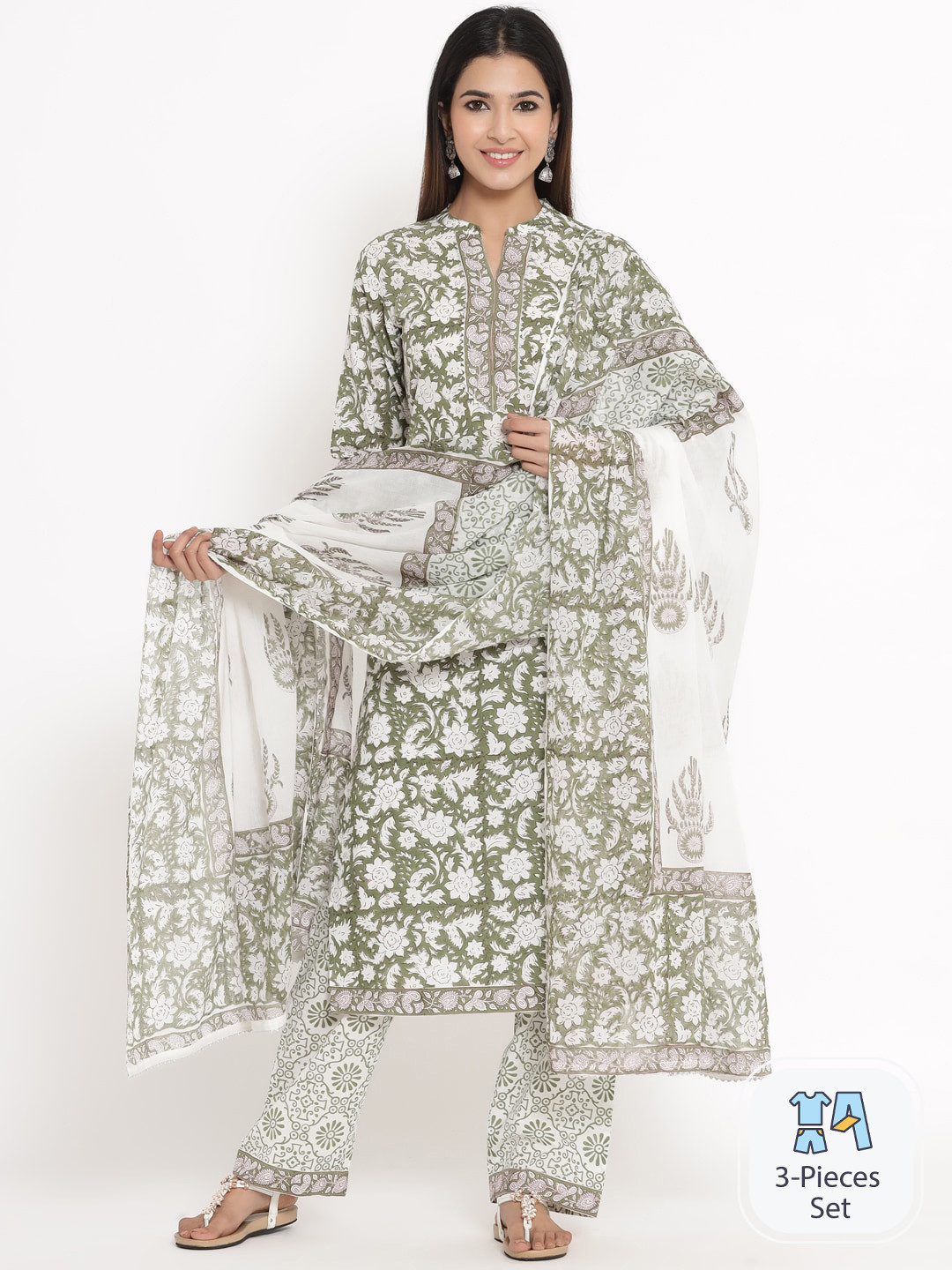 

KALINI Ethnic Motifs Printed Mandarin Collar Straight Kurta & Palazzos With Dupatta, Green