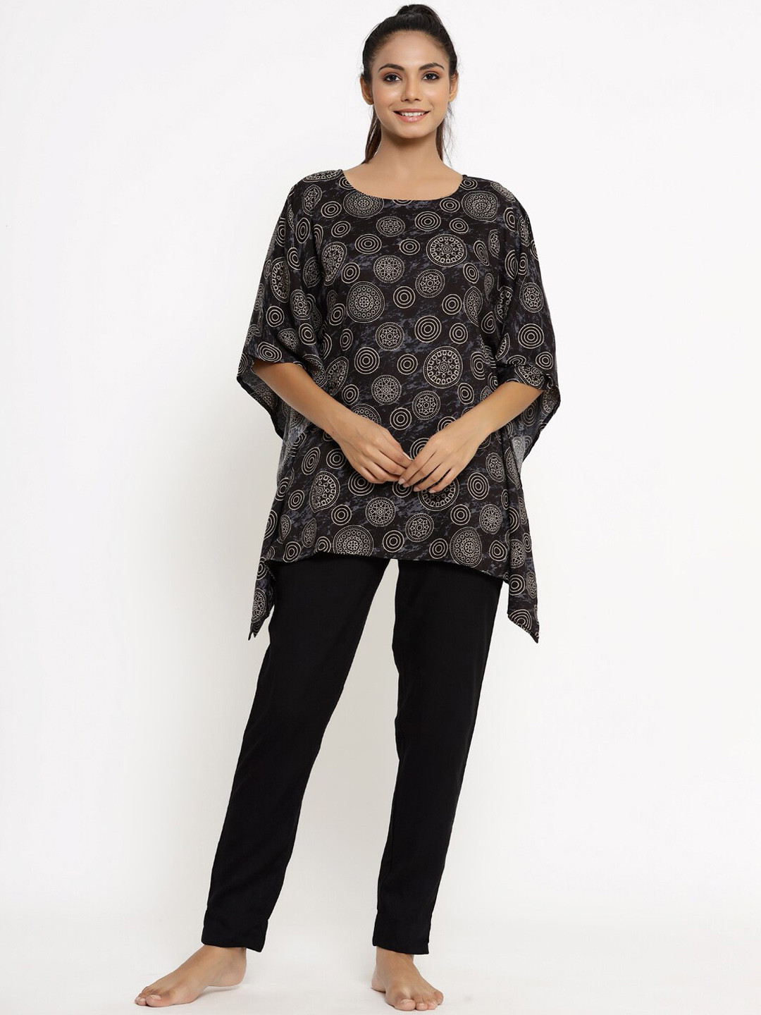 

KALINI Printed Kaftan Top With Trouser, Black