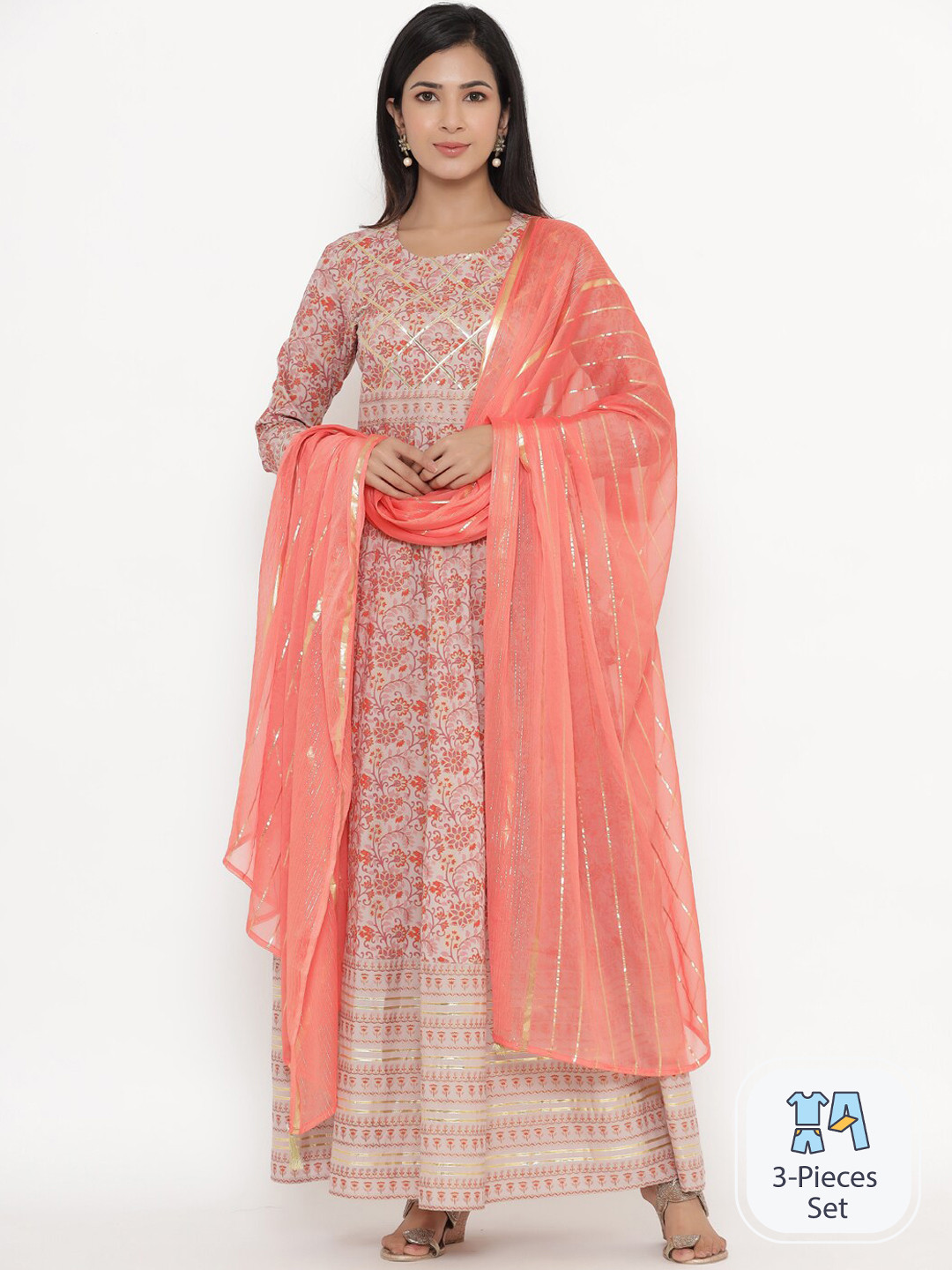 

KALINI Printed Ethnic Dress With Dupatta, Off white