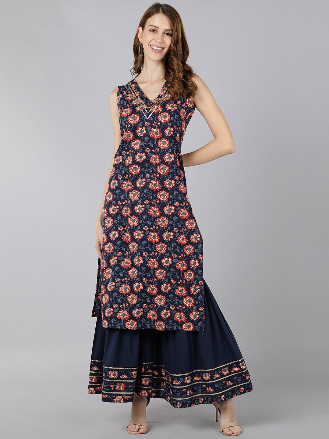 

KALINI Floral Printed V-Neck Gotta Patti Straight Kurta With Sharara, Blue
