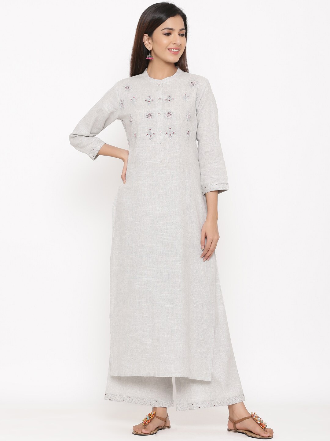 

KALINI Ethnic Motifs Yoke Design Thread Work Pure Cotton Kurta With Palazzos, Grey