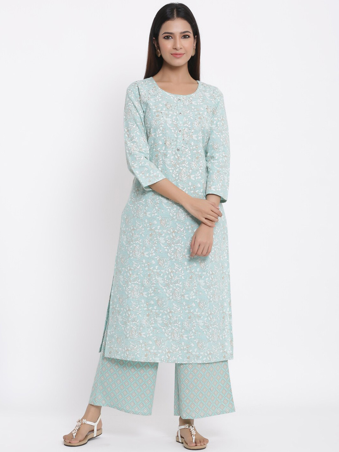 

KALINI Floral Printed Straight Kurta With Palazzos, Blue