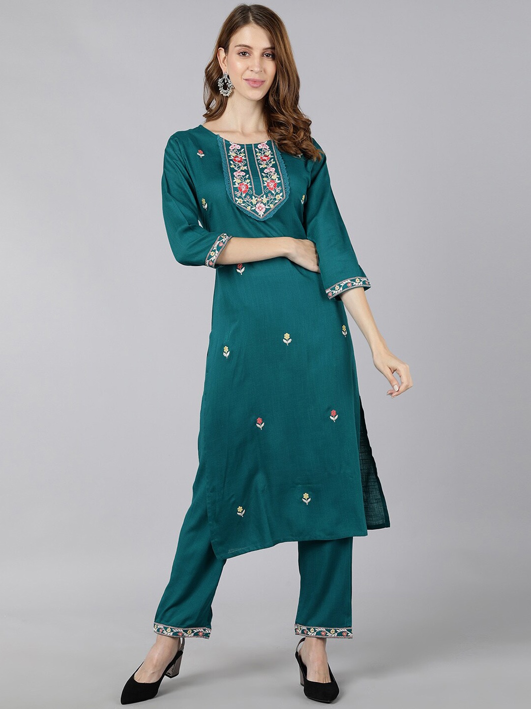 

KALINI Floral Embroidered Regular Thread Work Kurta With Trousers, Turquoise blue