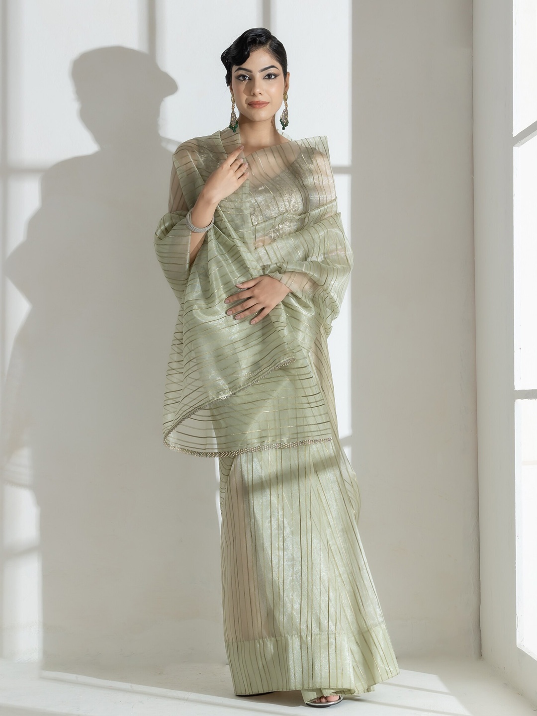 

Swtantra Striped Organza Saree, Green