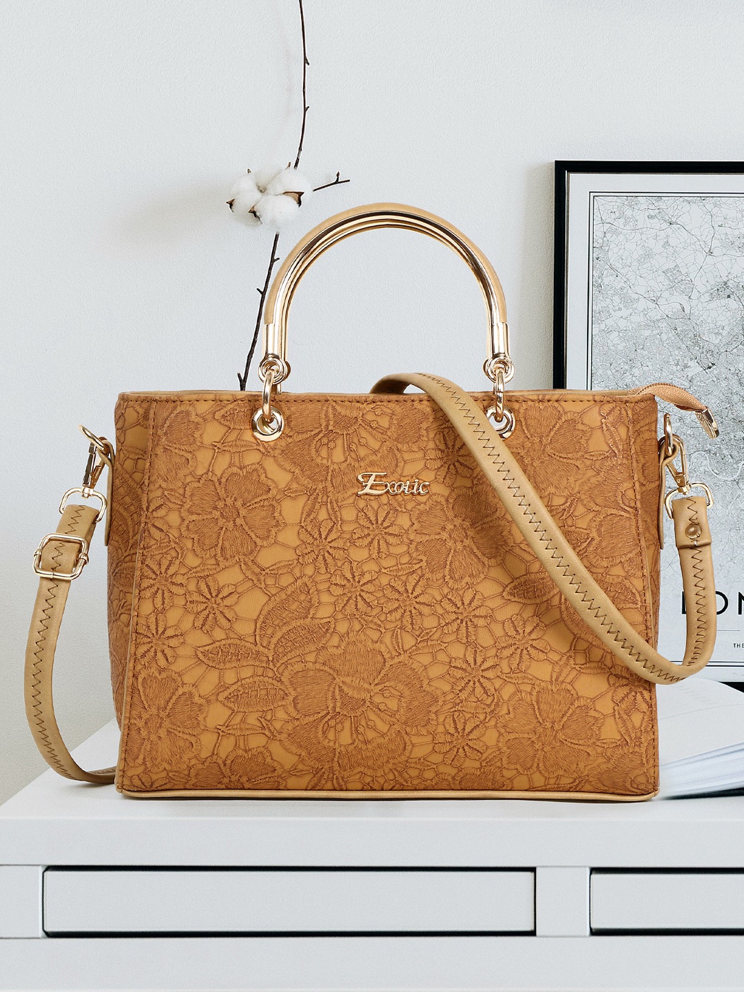 

Exotic Floral Textured PU Structured Handheld Bag, Yellow