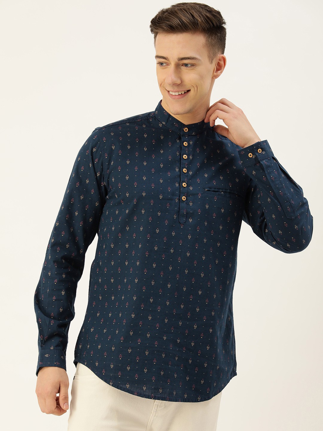 

IVOC Men Ethnic Motifs Printed Mandarin Collar Pure Cotton Kurta, Navy blue