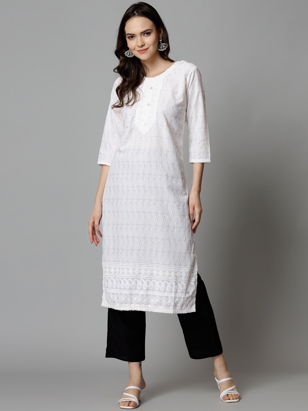 

KALINI Chikankari Embroidered Round Neck Straight Kurta, White