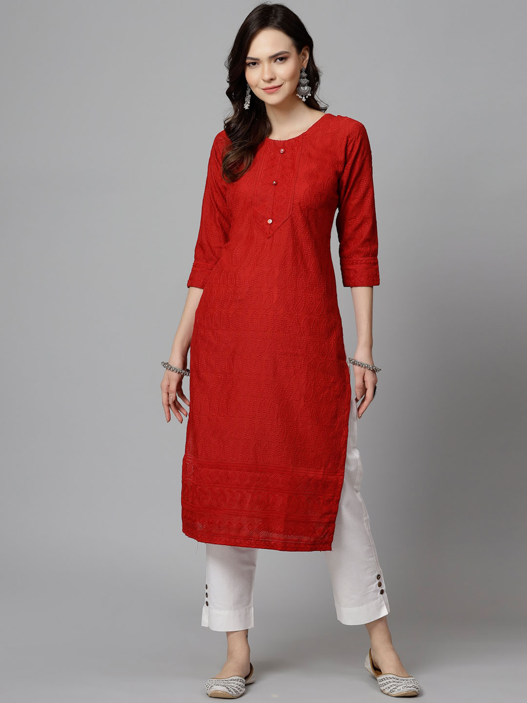 

KALINI Ethnic Motifs Embroidered Chikankari Kurta, Red