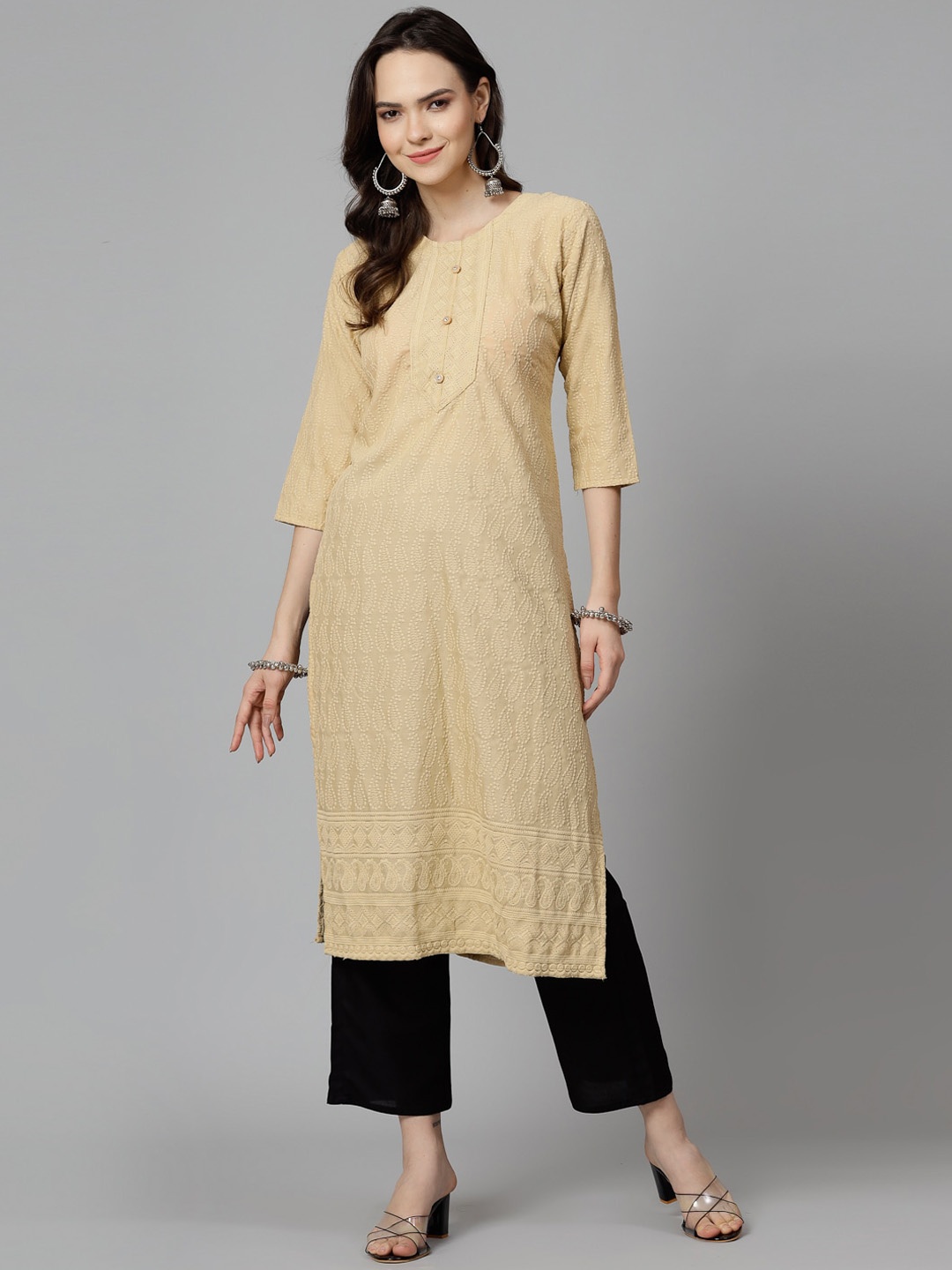 

KALINI Paisley Embroidered Straight Kurta, Cream