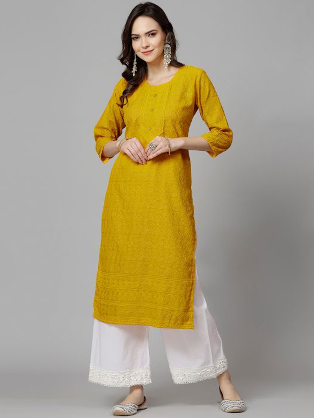 

KALINI Paisley Embroidered Straight Kurta, Yellow