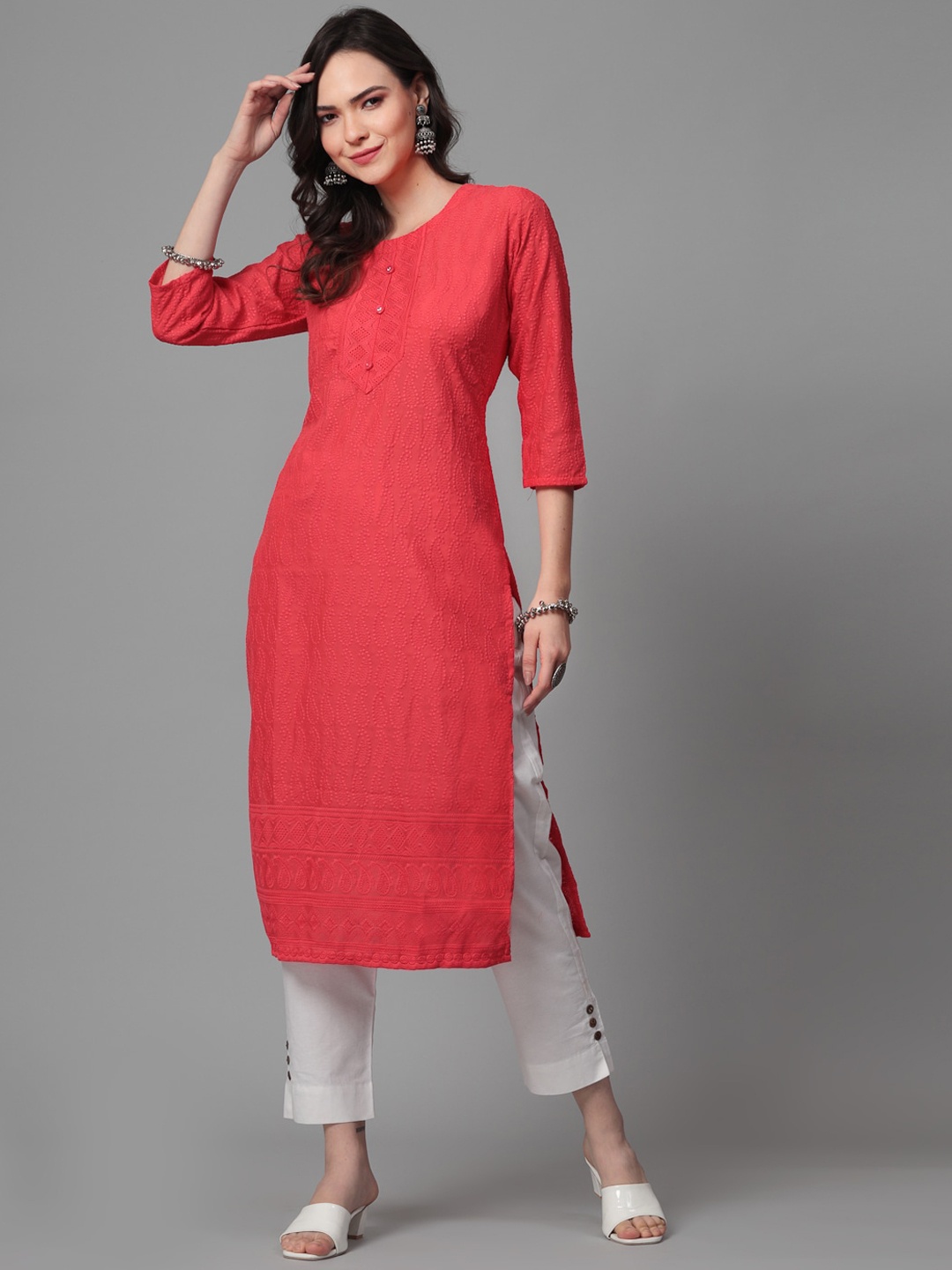 

KALINI Paisley Embroidered Straight Kurta, Pink