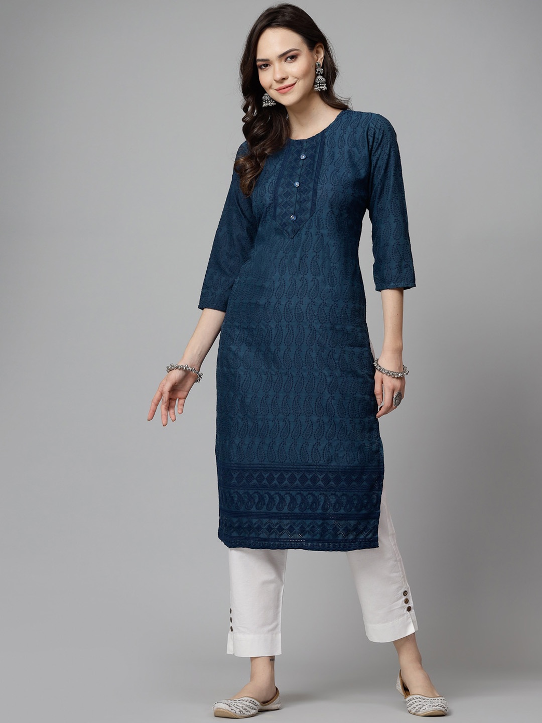 

KALINI Ethnic Motifs Embroidered Chikankari Kurta, Blue