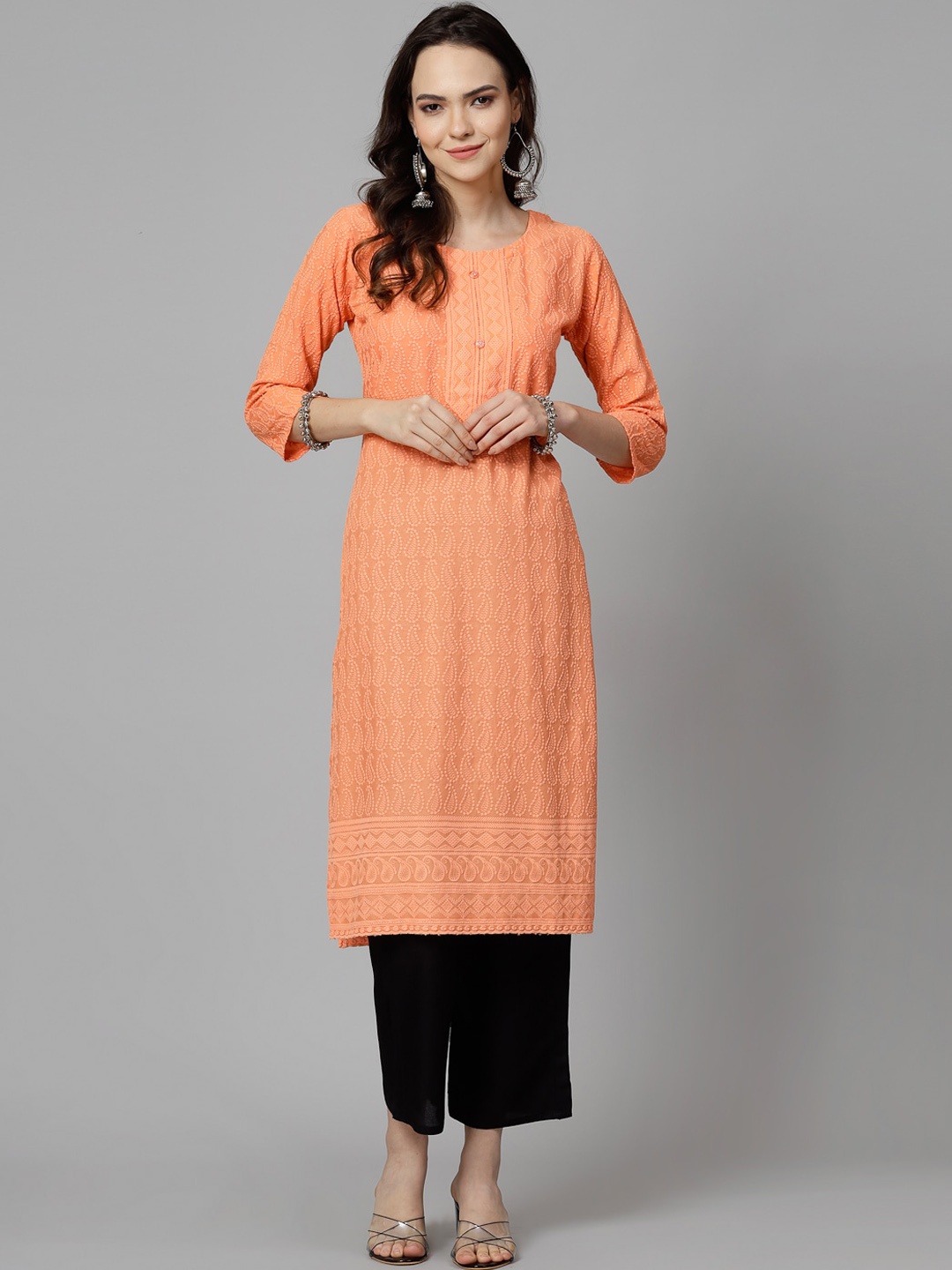 

KALINI Paisley Embroidered Straight Kurta, Peach