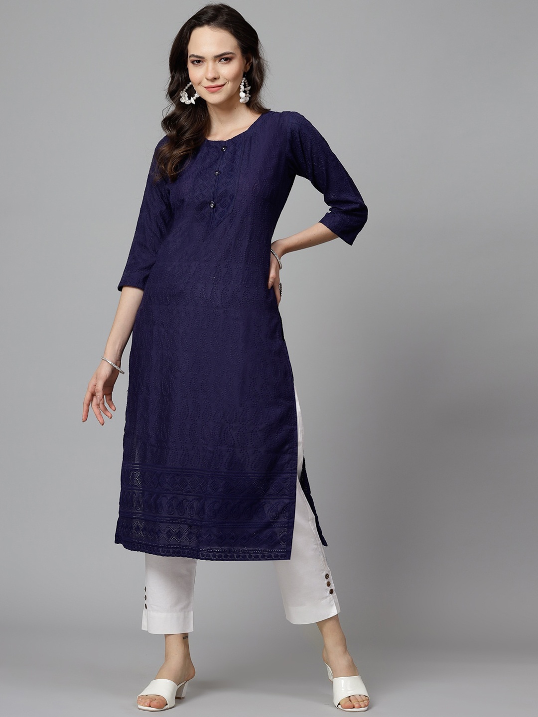 

KALINI Paisley Embroidered Straight Kurta, Navy blue