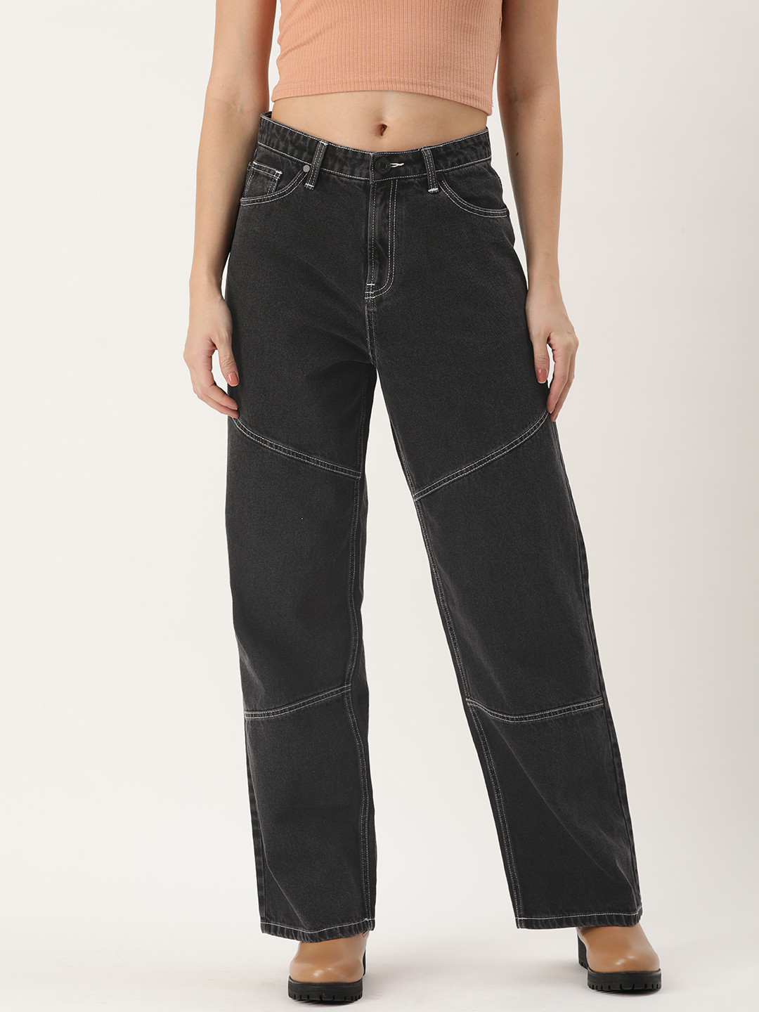 

Bene Kleed Women High-Rise Relaxed Fit Jeans with Contrast Stitch, Charcoal