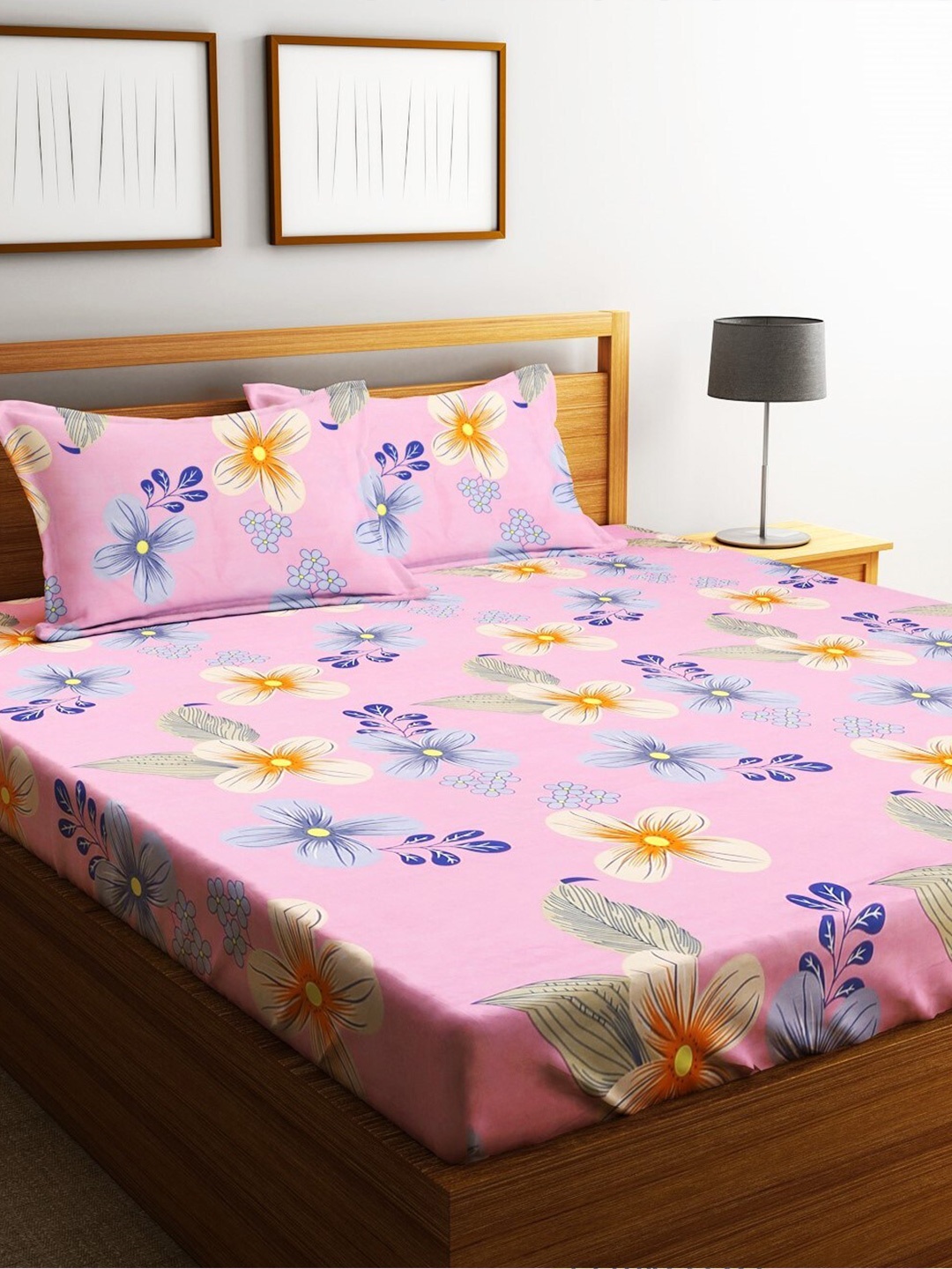 

Home Sizzler Pink & Blue Floral Cotton 210 TC King Bedsheet With 2 Pillow Covers