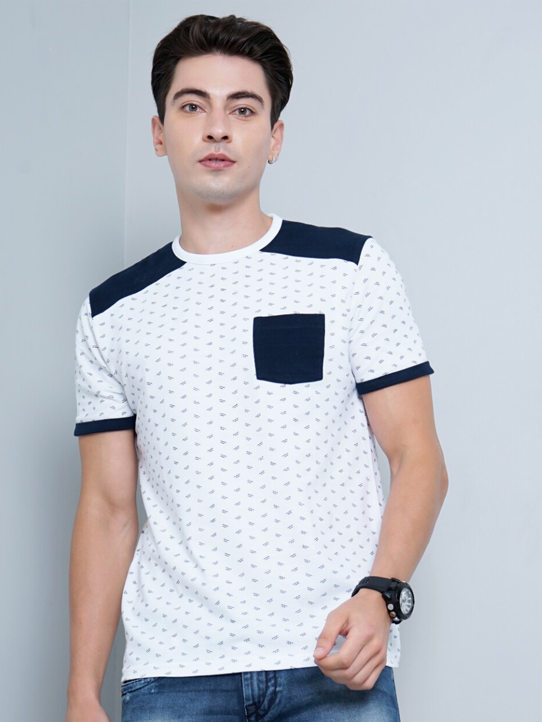 

PAUL STREET Geometric Printed Bio Finish Pockets Pure Cotton T-shirt, White